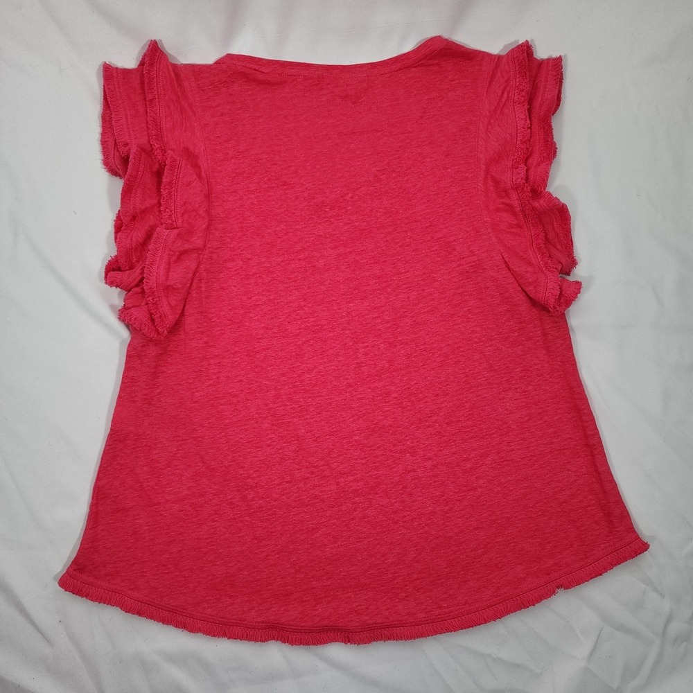 Chicos 100% Linen Ruffle Sleeve V-Neck Top Pink Fringe Hem Size 2 Large Womens - Picture 2 of 6